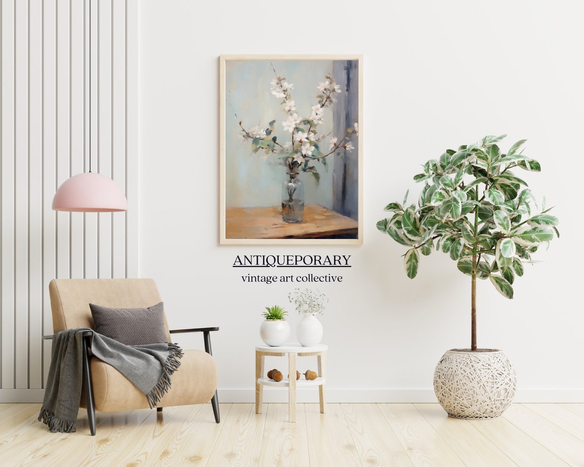 Flower Vase Still Life Painting Vintage Kitchen Print Neutral Flowers Oil Painting Farmhouse Decor Antique Still Life Painting - Image 4