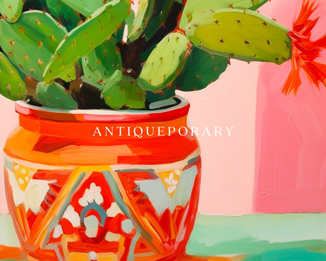 Blooming Prickly Pear Cactus in Patterned Orange Pot Pink Poster - Image 2