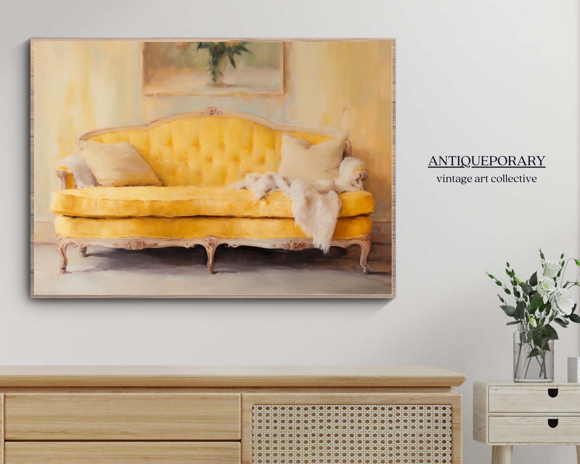 Yellow Antique Tufted Sofa Classic Interior Oil Painting Poster - Image 7