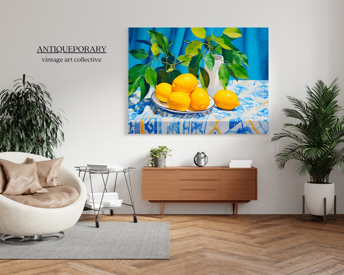 Lemon Branch Vase Plate Blue Cloth Bright Citrus Still Life Poster - Image 7