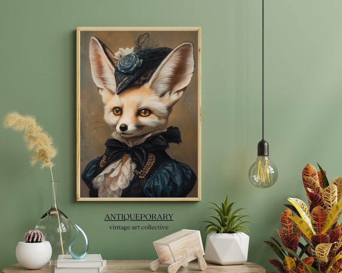Fennec Fox Lady in Navy Victorian Gown Vintage Animal Portrait Poster - Image 6