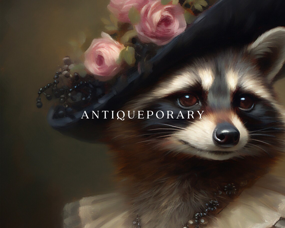 Raccoon Lady in Floral Hat and Navy Gown Victorian Animal Portrait Poster - Image 3
