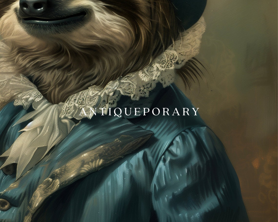 Royal Sloth Blue Top Hat White Roses Victorian Portrait Poster - Image 2