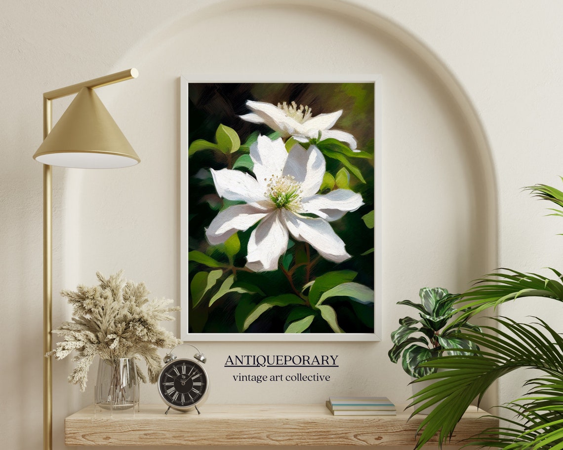 White Clematis Flowers Close Up Oil Painting Botanical Art Poster - Image 3