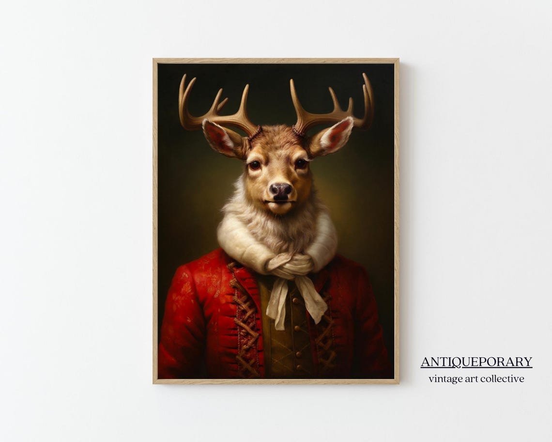 Royal Stag Antlers Red Brocade Victorian Coat Portrait Poster