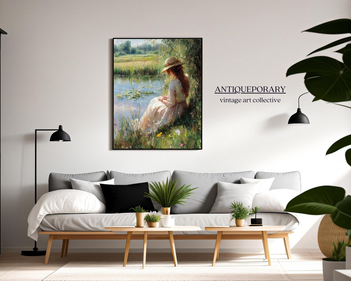 Woman Reading Book by Lily Pond Vintage Impressionist Poster - Image 6