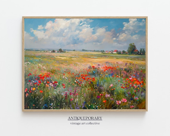Colorful Wildflower Meadow Distant Farmhouse Summer Landscape Poster