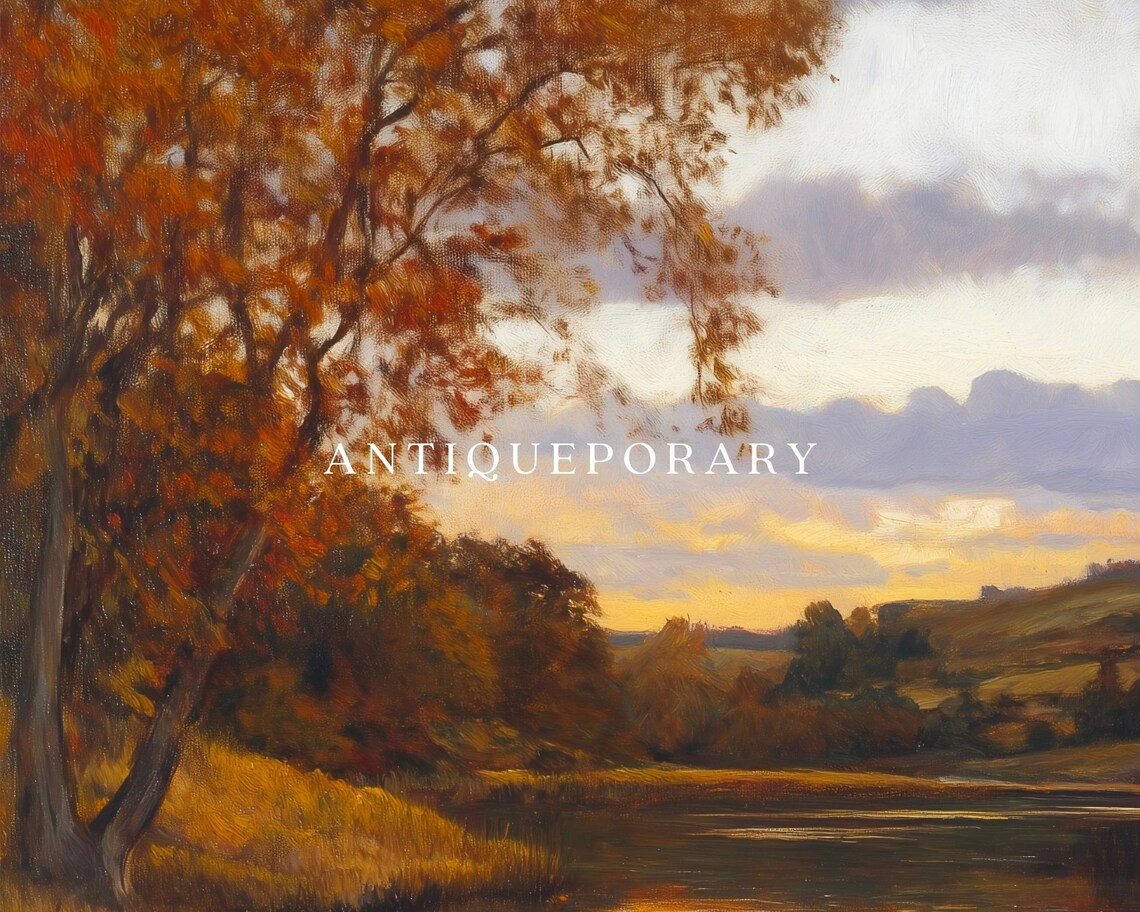 Autumn River Sunset Wooden Rowboat Vintage Landscape Art Poster - Image 3