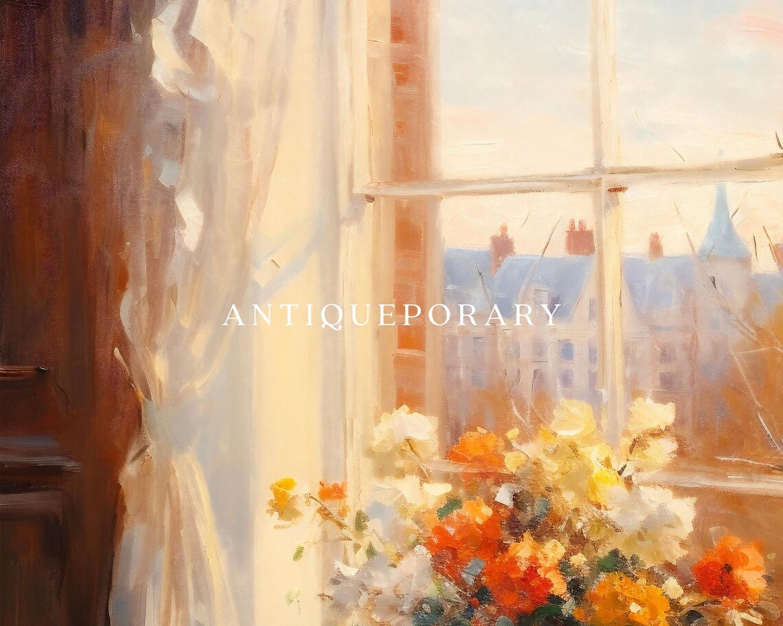 Vintage Floral Still Life Duo with White Roses and Window Blooms Print - Image 3