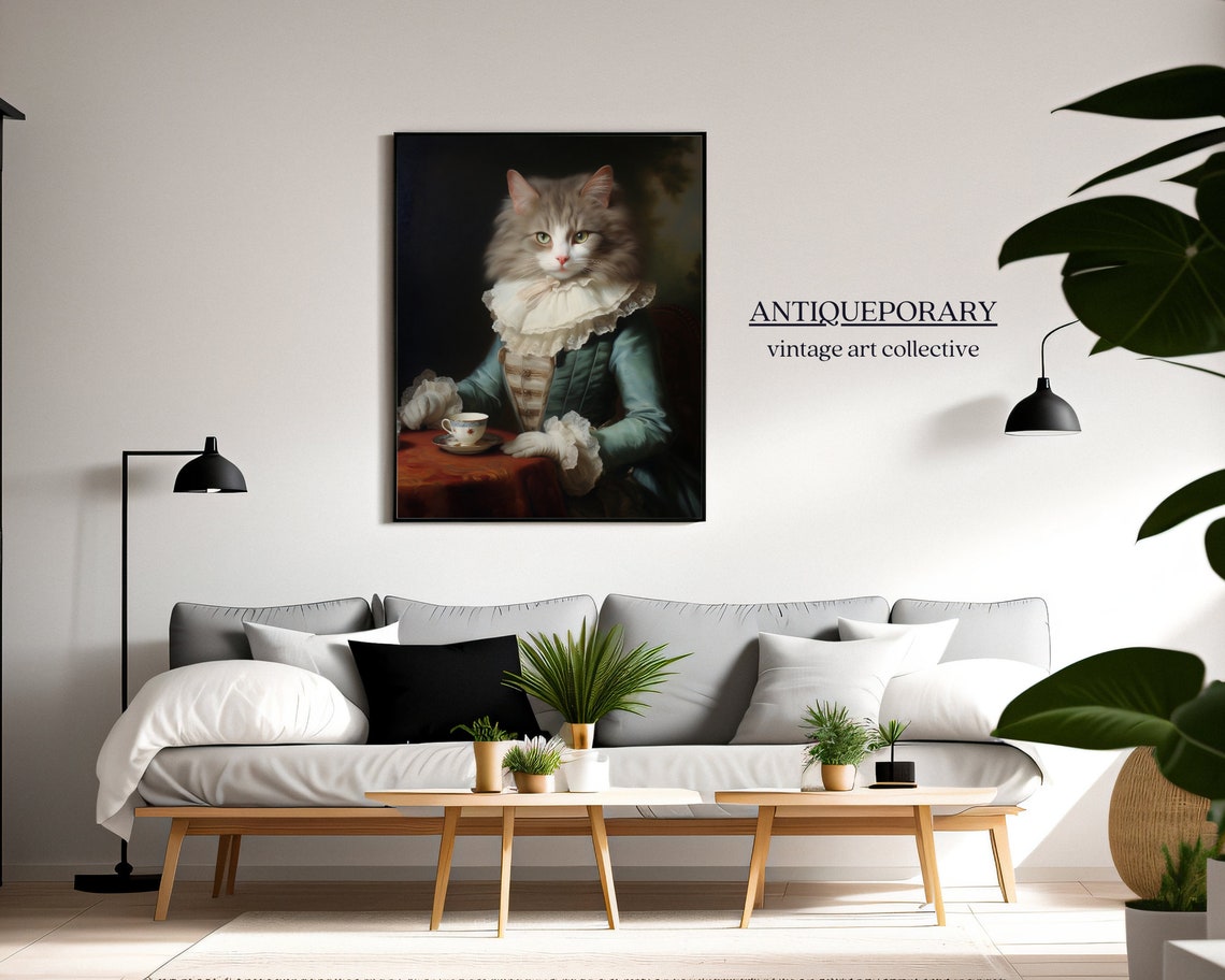Royal Lady Cat Blue Dress Tea Cup Victorian Portrait Vintage Poster - Image 5