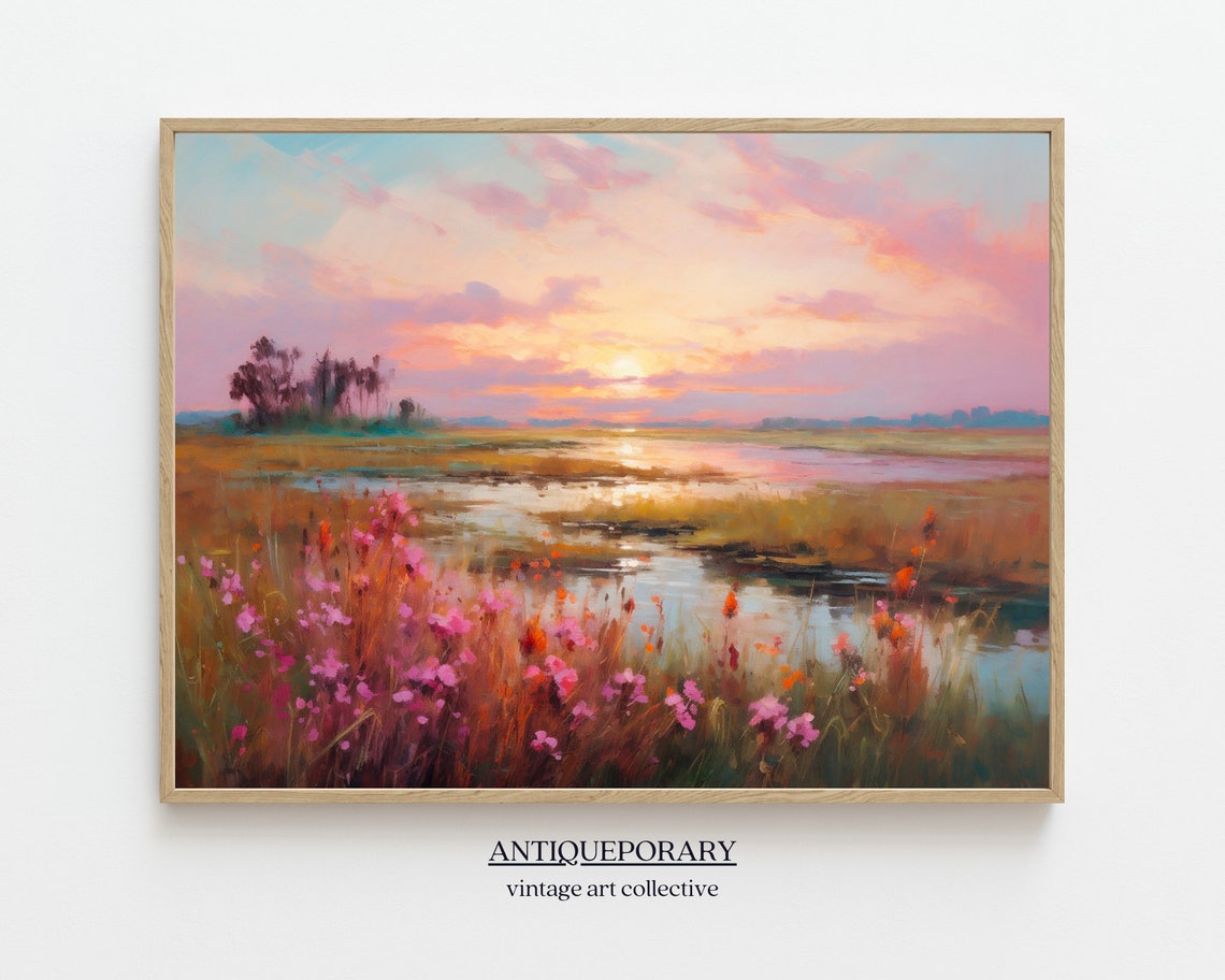 Wildflower Marsh Sunset Reflections Impressionist Landscape Poster