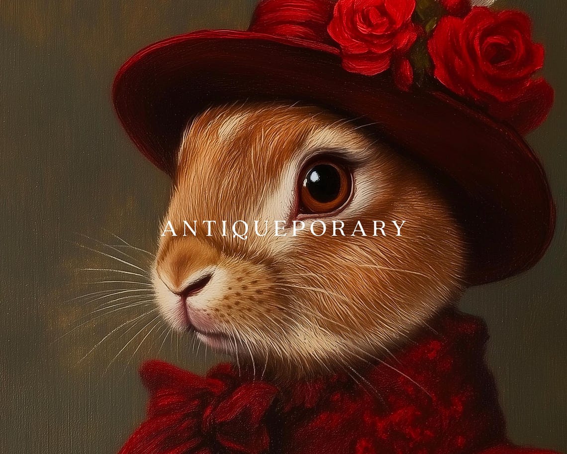 Red Dress Rabbit Lady Portrait Rose Hat Victorian Style Poster - Image 3