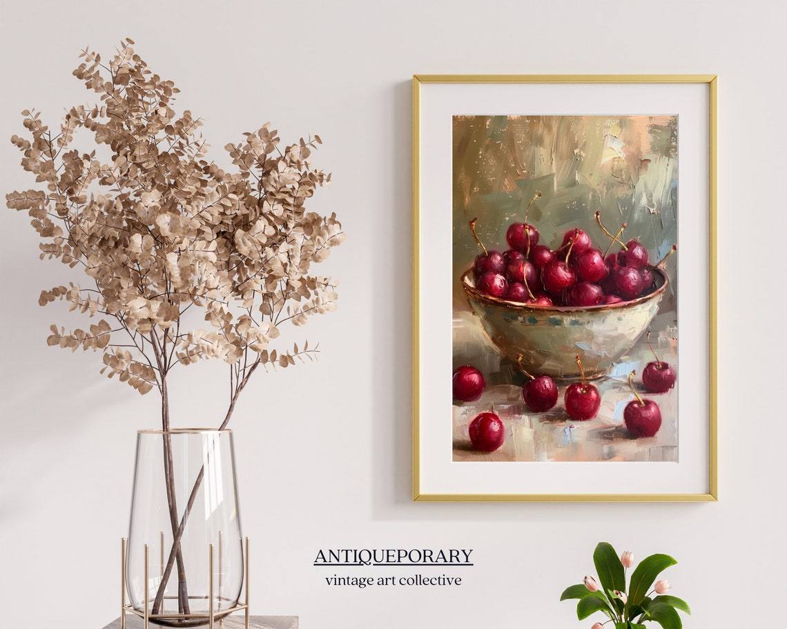 Country Rustic Red Cherry Bowl Still Life Oil Painting Poster - Image 6