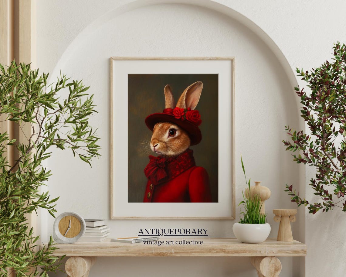Red Dress Rabbit Lady Portrait Rose Hat Victorian Style Poster - Image 5