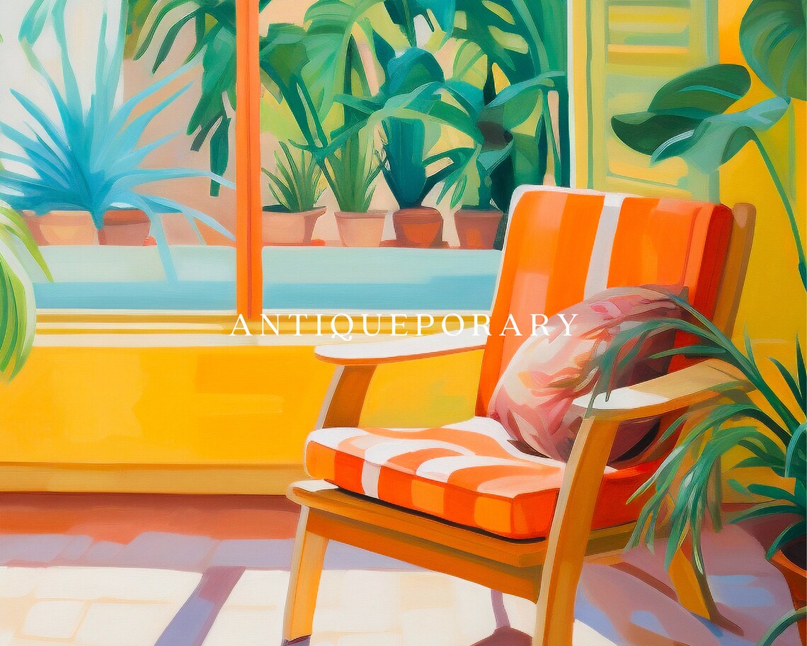 Tropical Sunroom Interior Painting Palm Plants Orange Armchair Poster - Image 2