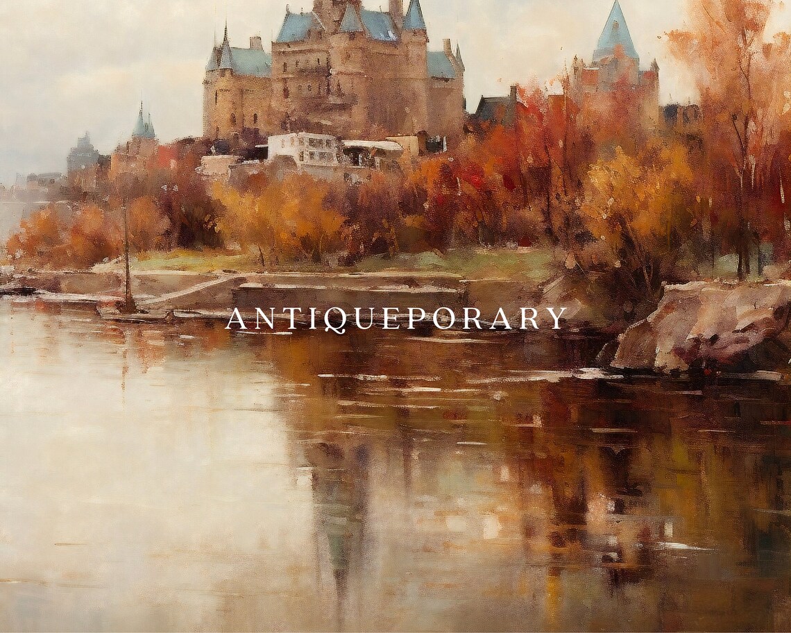 Grand Chateau Riverbank Autumn Foliage Vintage Cityscape Poster - Image 2