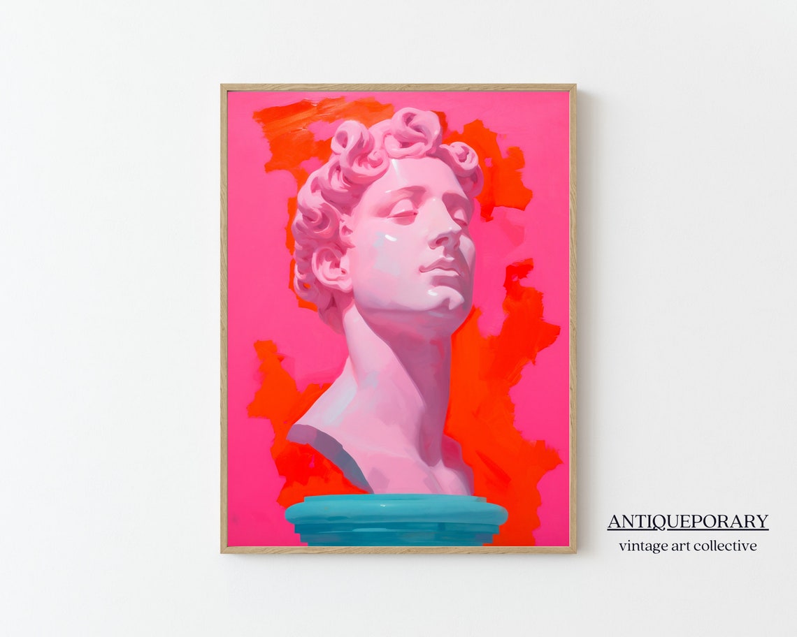Pink Classical Bust Statue on Hot Pink Bold Modern Art Wall Print
