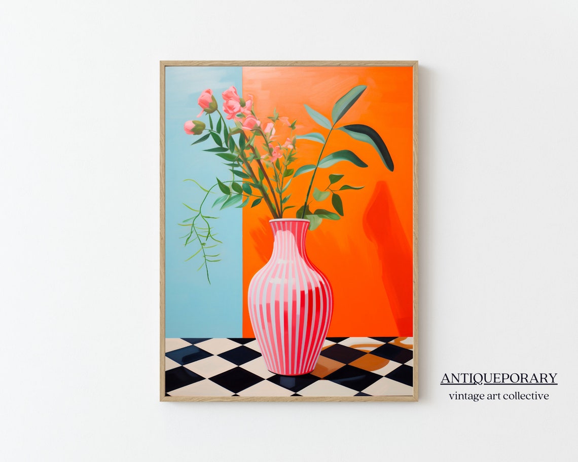 Pink Striped Vase with Flowers Checkerboard Floor Still Life Poster