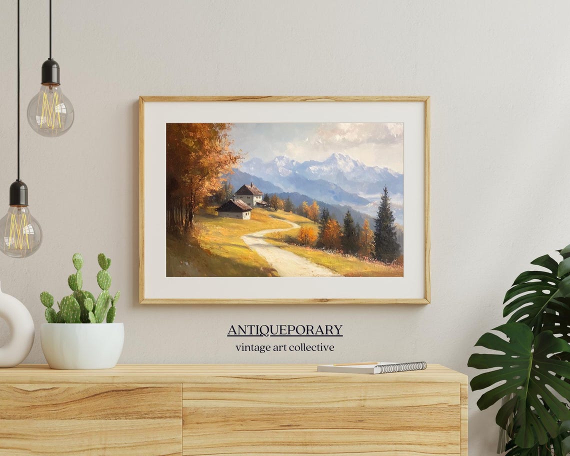 Alpine Farmhouse Hillside Road Snow Peaks Vintage Landscape Poster - Image 4