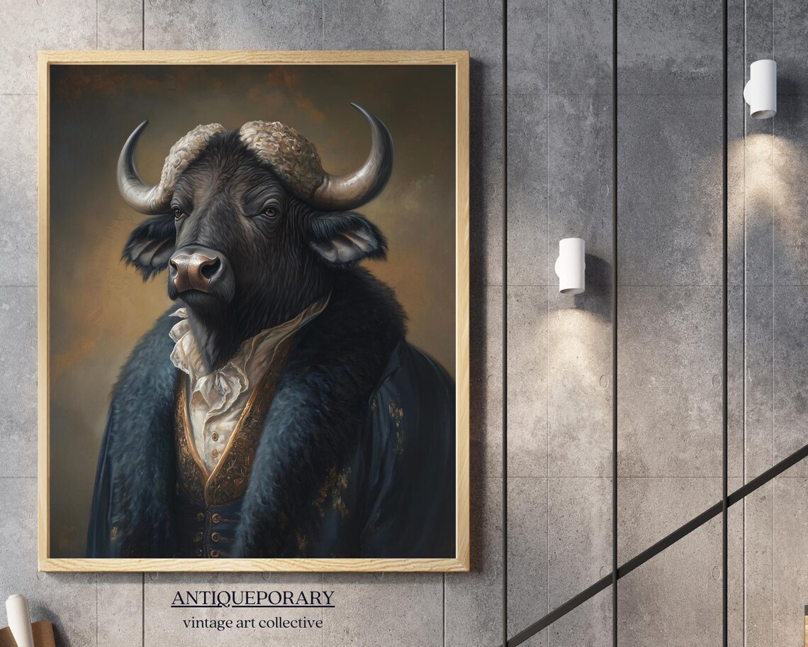 Majestic Buffalo in Navy Fur Coat Victorian Portrait Wall Art - Image 6