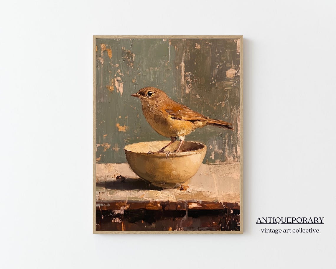 Small Brown Bird Perched on Bowl Rustic Vintage Bird Painting Poster