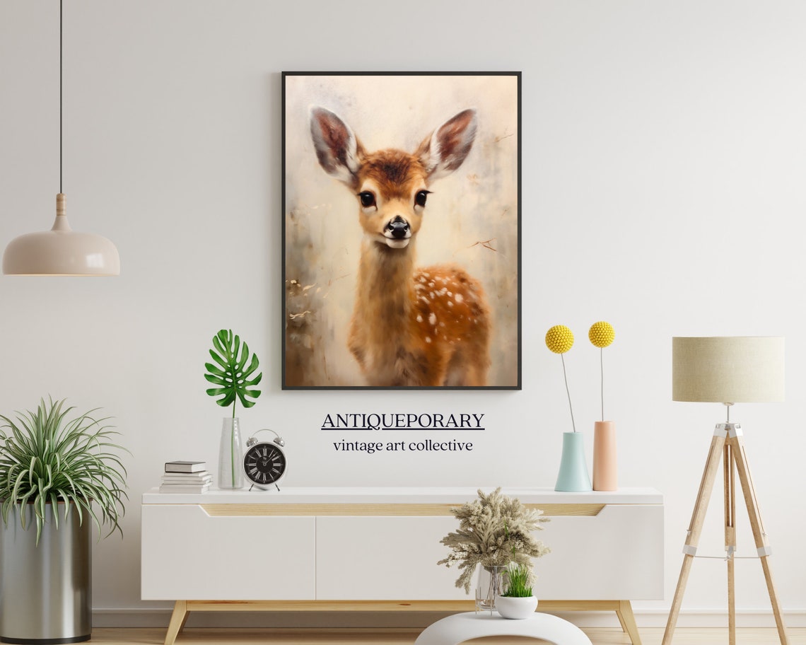 Baby Deer Fawn Portrait Soft Neutral Vintage Wildlife Painting Poster - Image 7