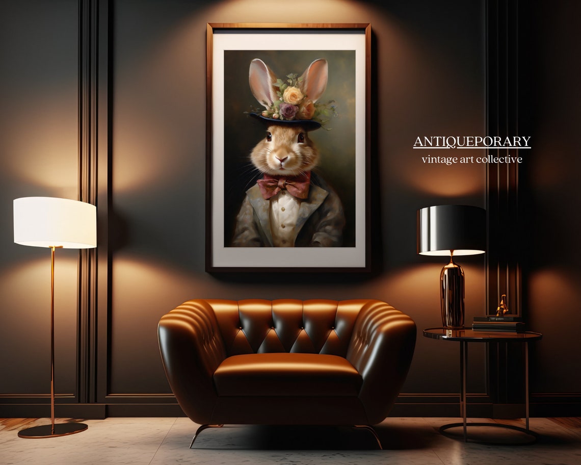 Gentleman Rabbit Floral Top Hat Bow Tie Vintage Animal Portrait Poster - Image 4