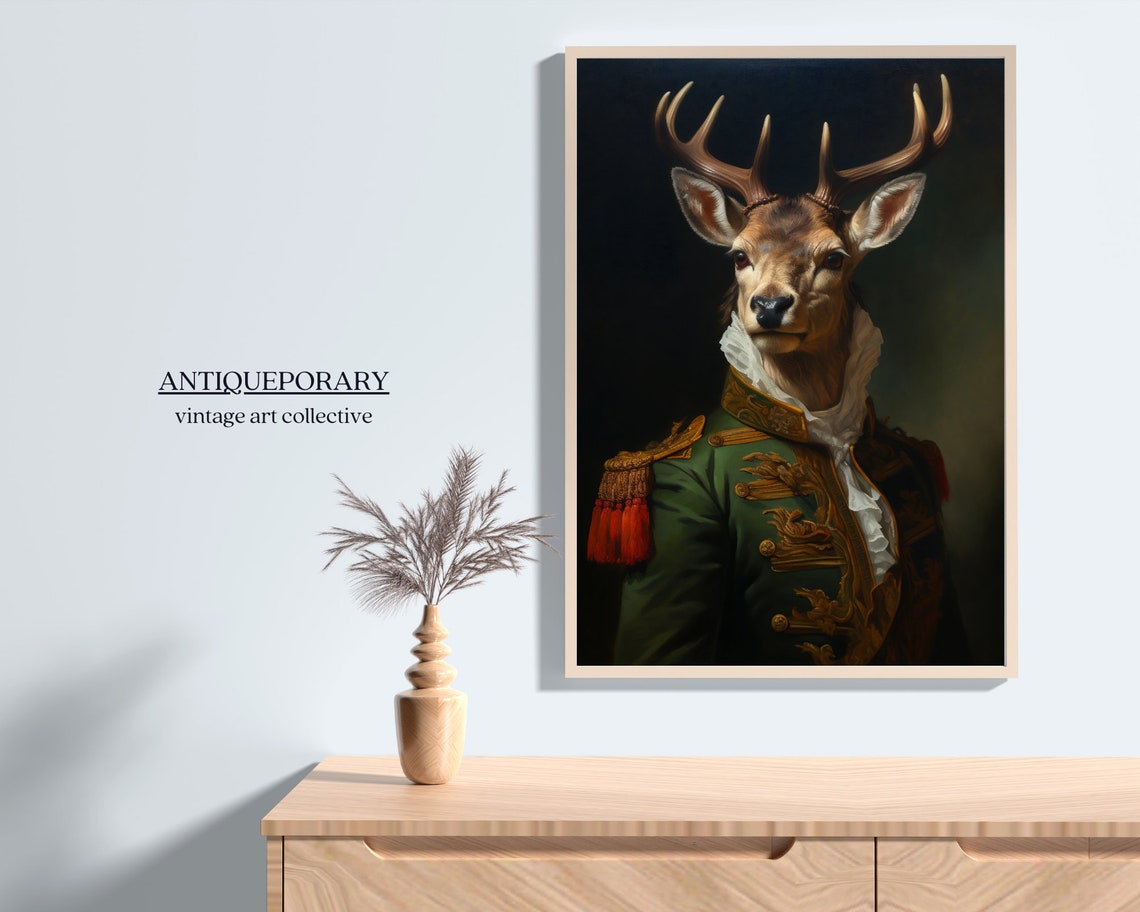 Noble Stag Deer in Green Military Uniform Regal Portrait Poster - Image 3