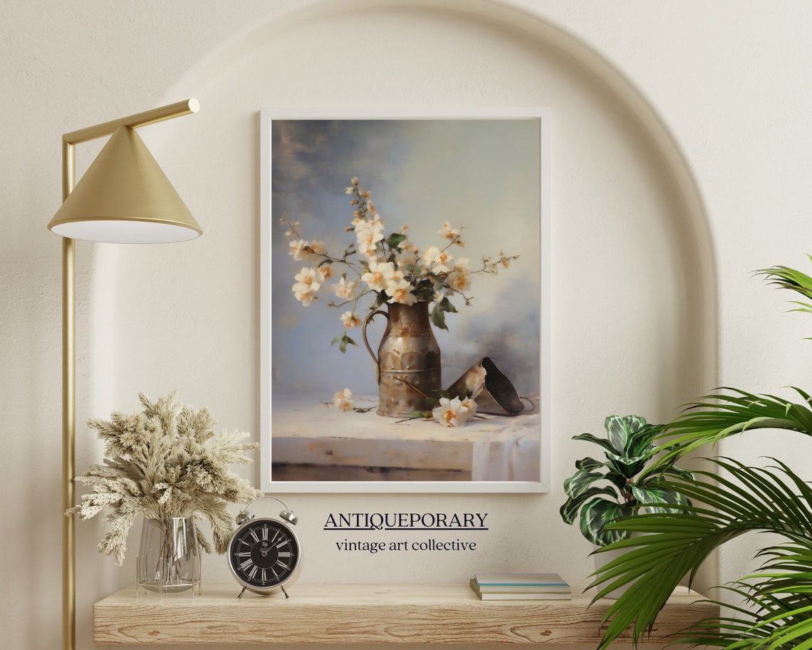 White Blossom Branches in Antique Copper Jug Vintage Still Life Poster - Image 4