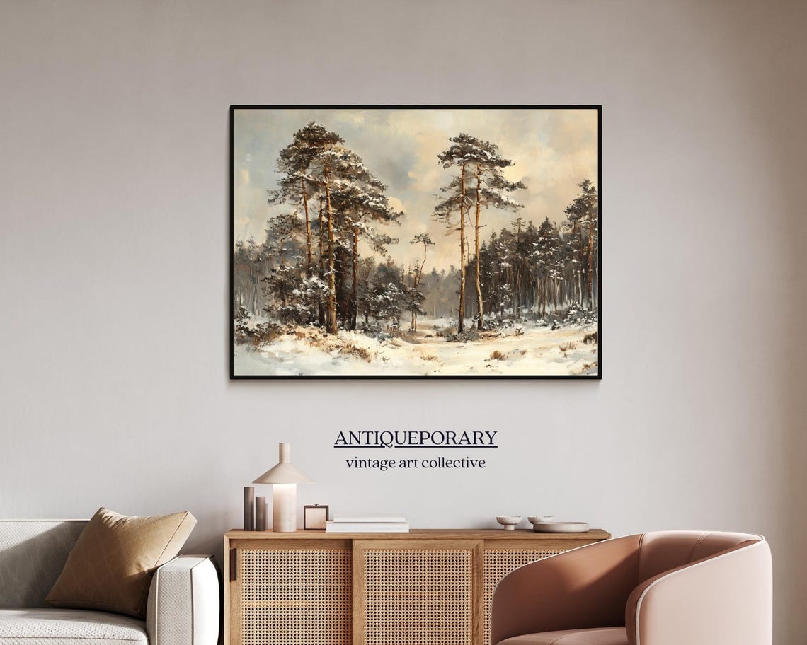 Snowy Pine Forest Winter Landscape Muted Vintage Painting Poster - Image 7