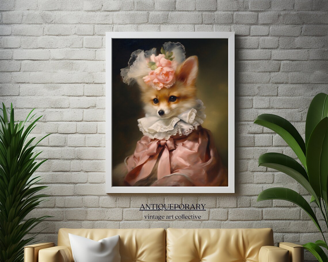 Baby Fox Pup Pink Dress Floral Hat Vintage Animal Portrait Poster - Image 2