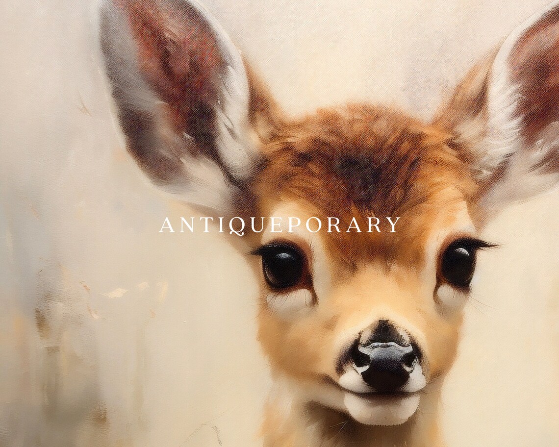 Baby Deer Fawn Portrait Soft Neutral Vintage Wildlife Painting Poster - Image 3