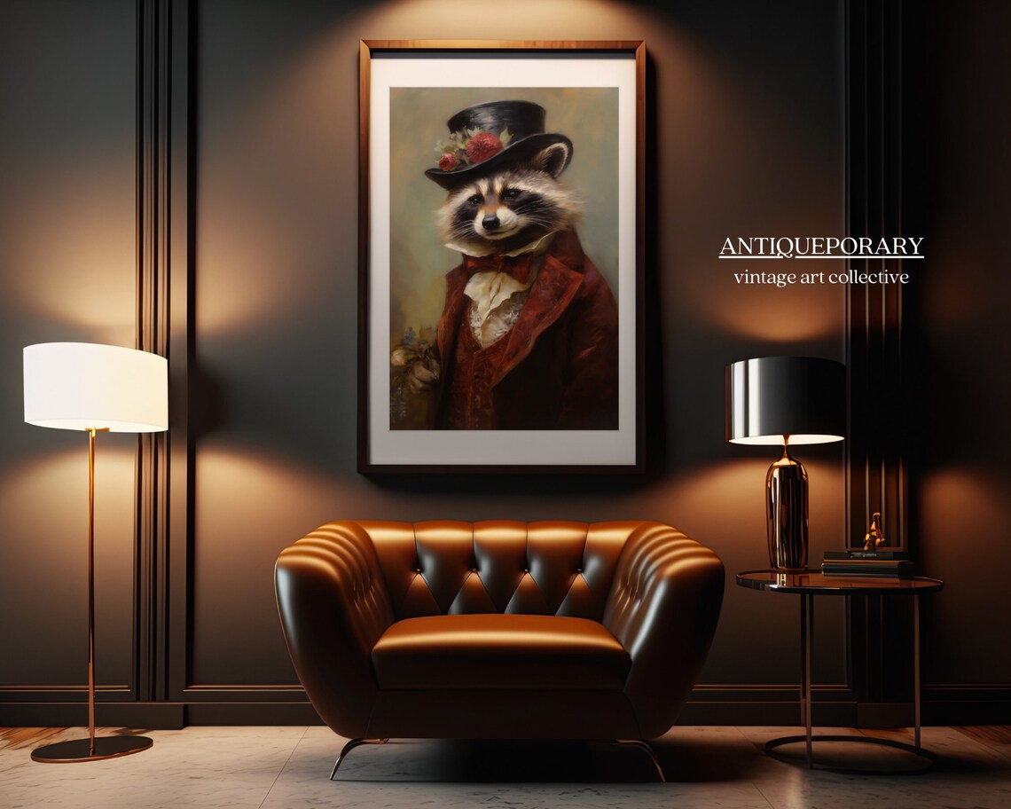 Dapper Raccoon Gentleman Rose Top Hat Velvet Oil Portrait Animal Art Poster - Image 4