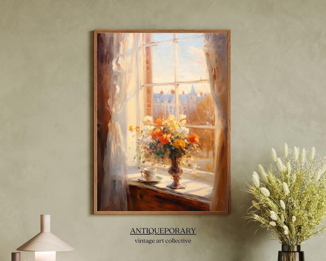 Vintage Floral Still Life Duo with White Roses and Window Blooms Print - Image 6