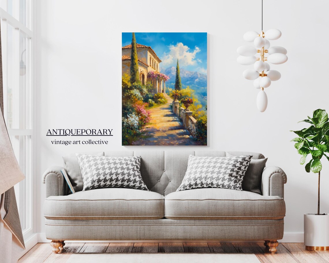 European Villa Terrace Cypress Garden Sunny Oil Painting Poster - Image 4