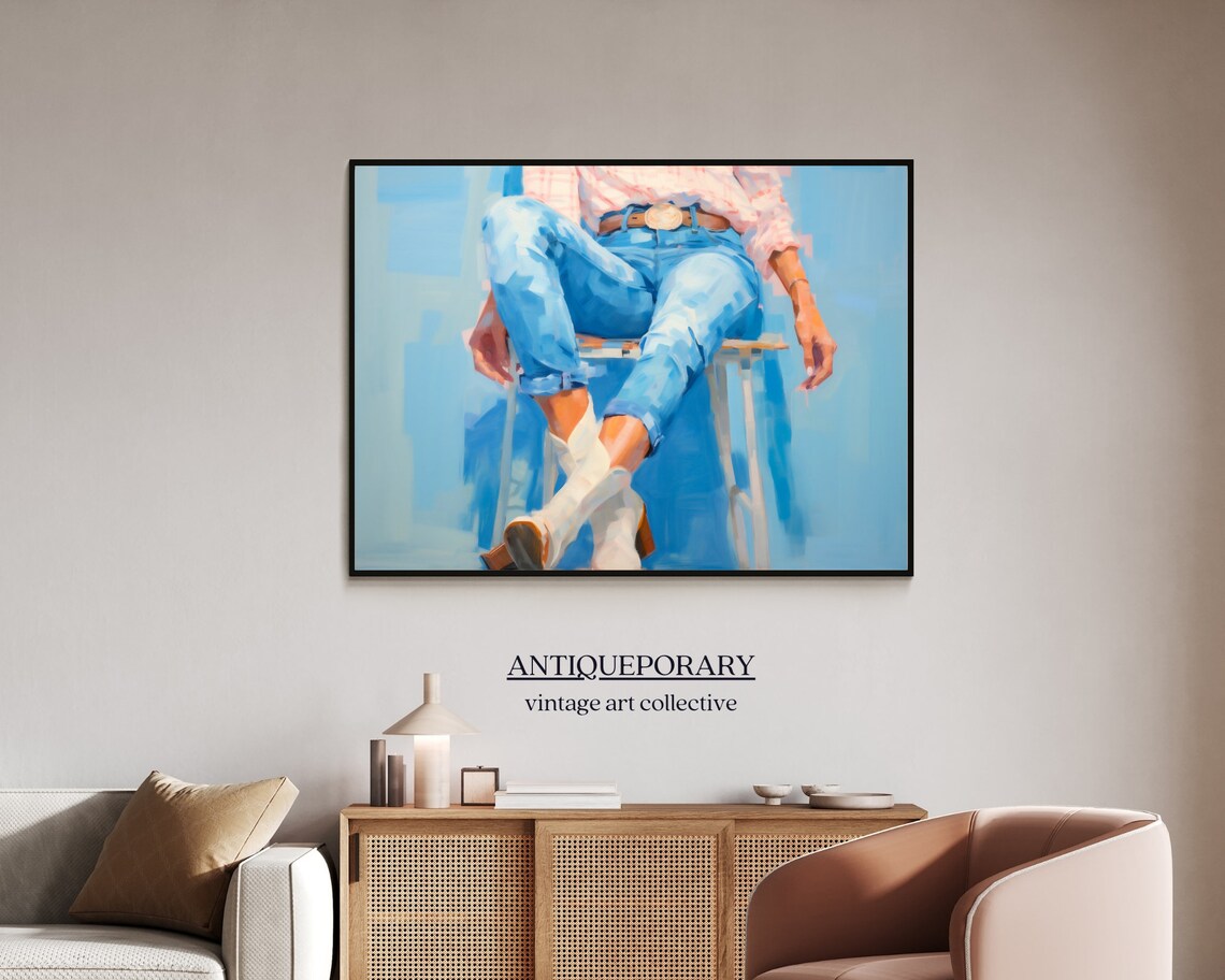 Woman in Blue Jeans and White Cowboy Boots Seated Modern Painting Poster - Image 7