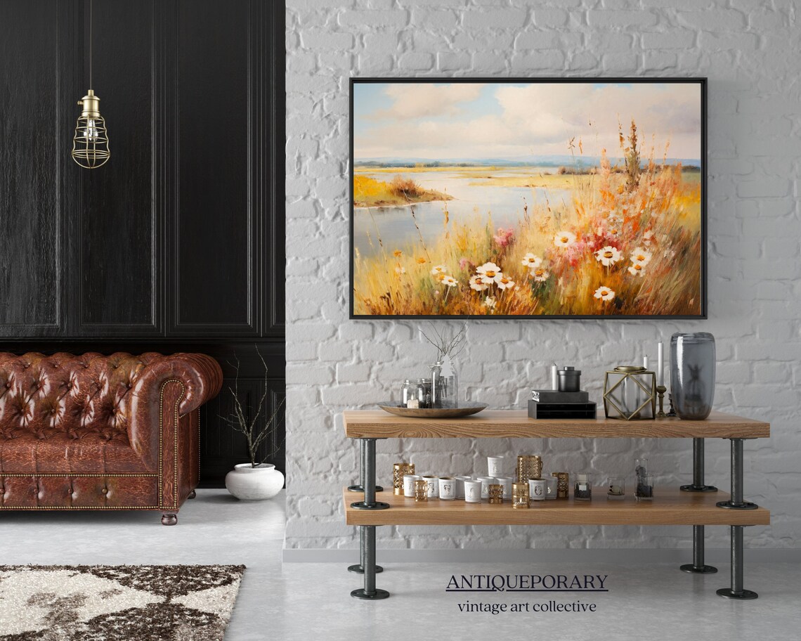 Sunlit Golden Wildflower Bank with Daisies by Calm Lake Poster - Image 4