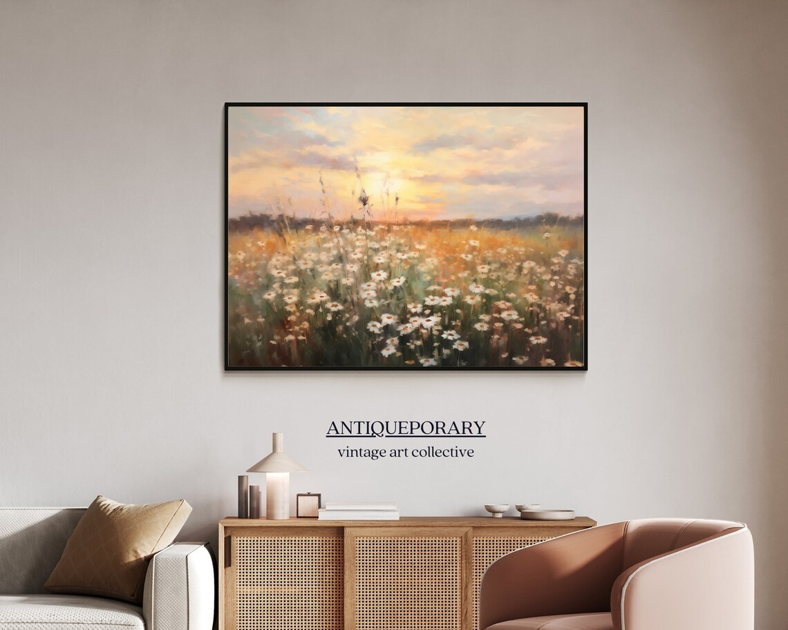 Wildflower Field Landscape Oil Painting Vintage Sunset Landscape Art Print White Flowers Field Art Nature Art - Image 4