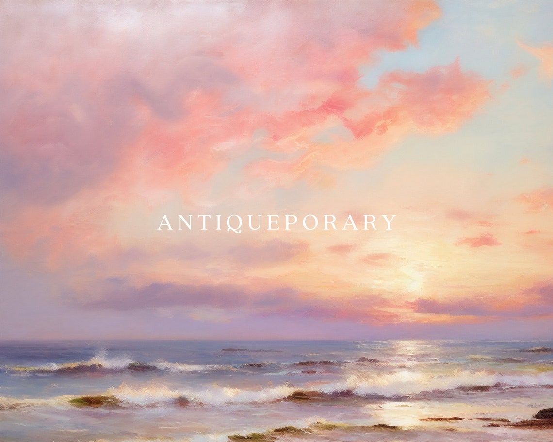 Pastel Sunset Over Ocean Waves Serene Coastal Seascape Painting Poster - Image 3