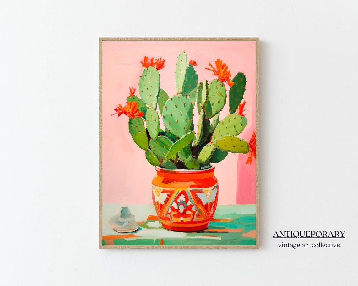 Blooming Prickly Pear Cactus in Patterned Orange Pot Pink Poster