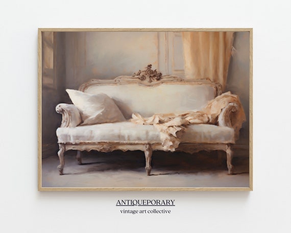 Vintage Antique Couch Oil Painting Neutral Still Life Painting Luxurious Vintage Interior Rustic Oil Painting Vintage Art