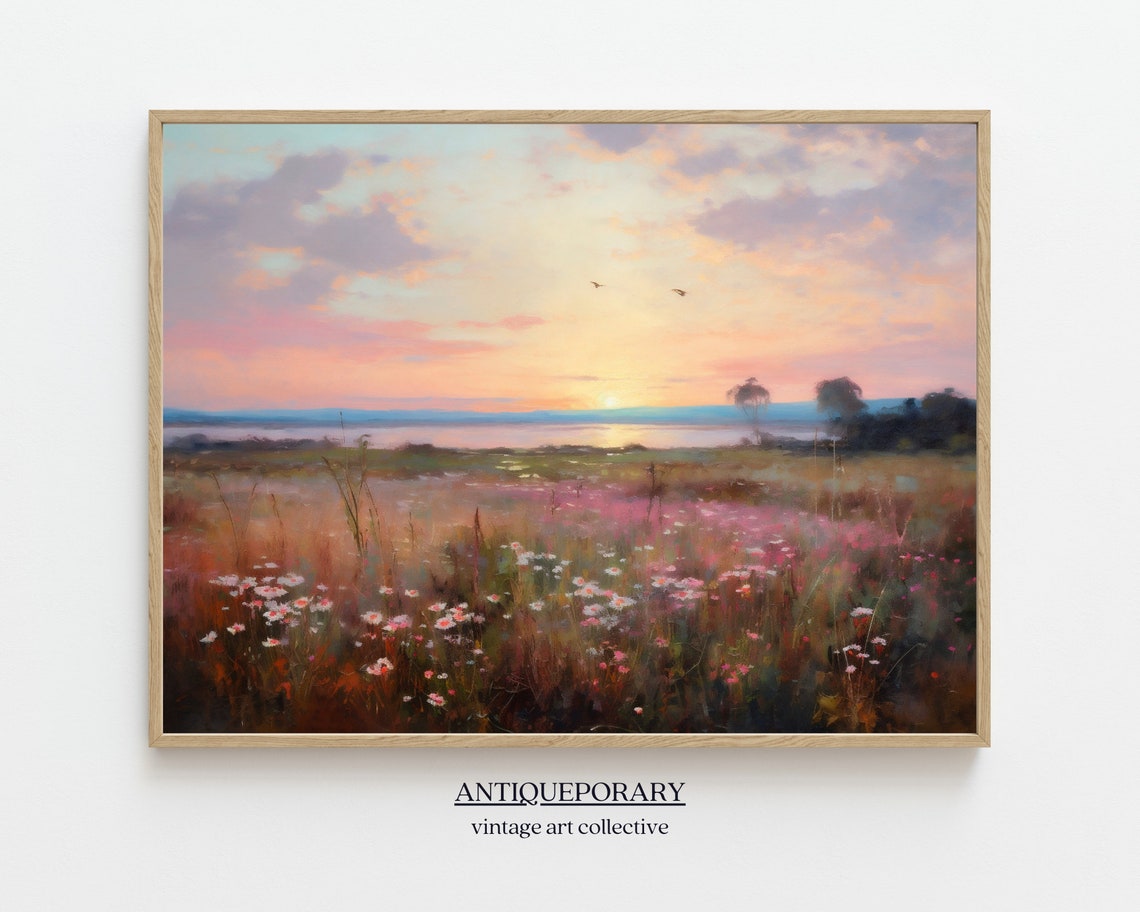 Sunset Wildflower Field Lake Reflection Impressionist Style Poster