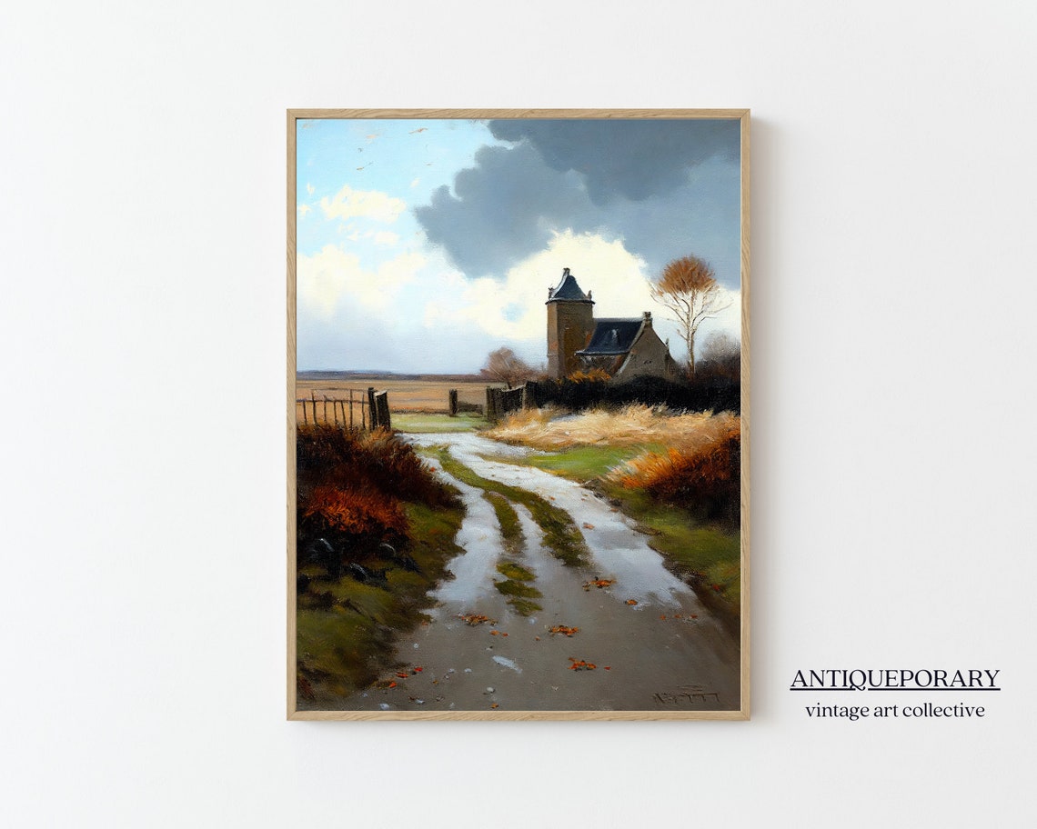 Winding Country Road to Old Stone Church Moody Sky Art Poster