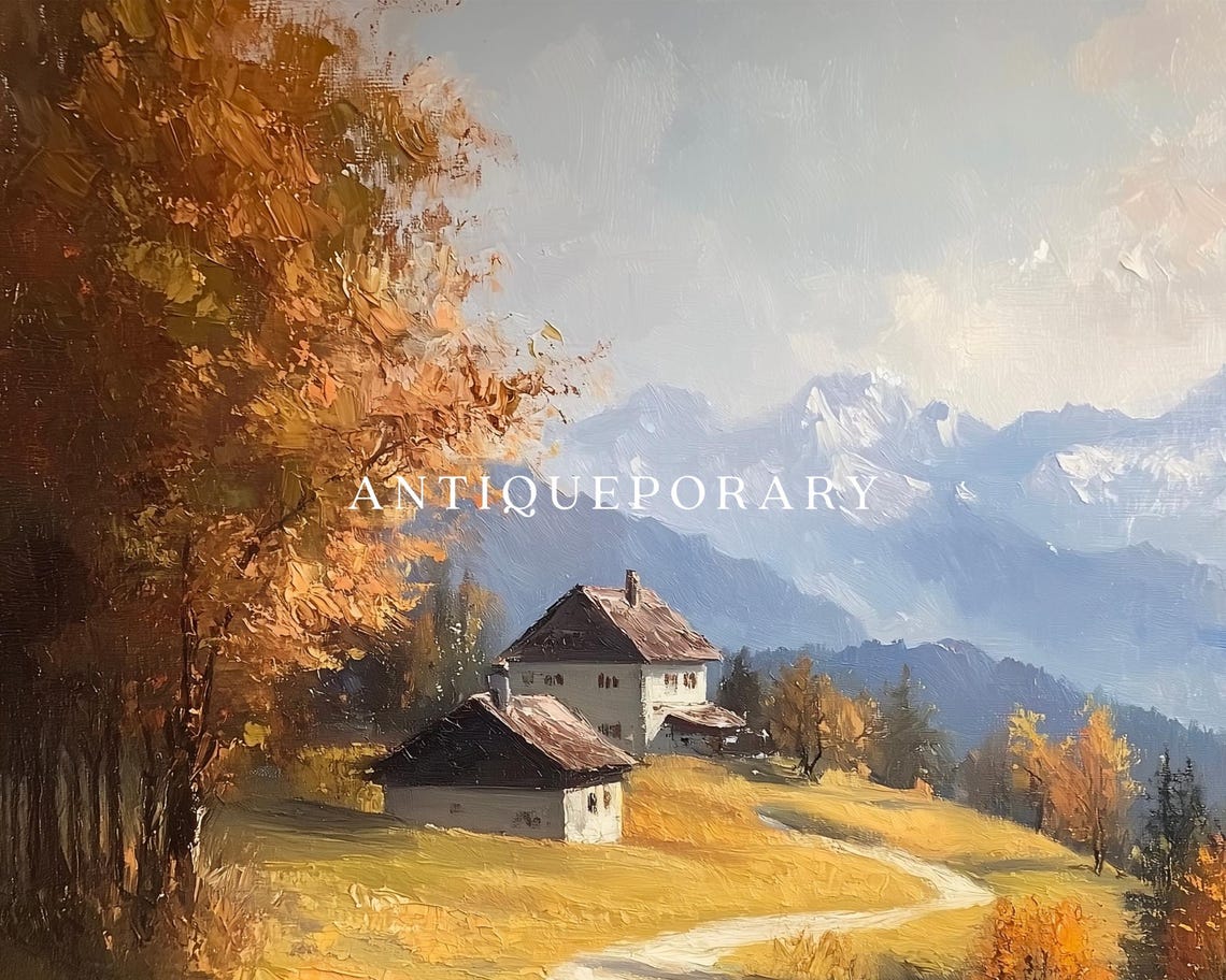 Alpine Farmhouse Hillside Road Snow Peaks Vintage Landscape Poster - Image 3