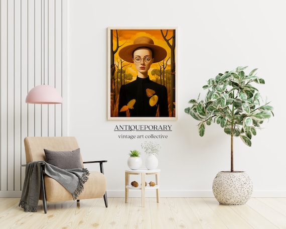 Young Woman in Straw Hat Autumn Forest Vintage Portrait Wall Art