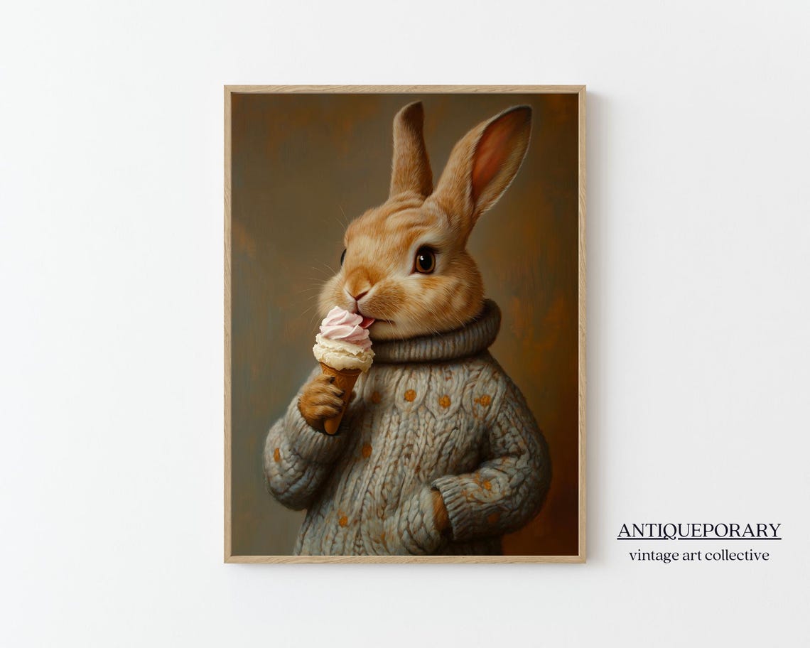 Cute Rabbit Eating Ice Cream Knit Sweater Whimsical Animal Art Poster