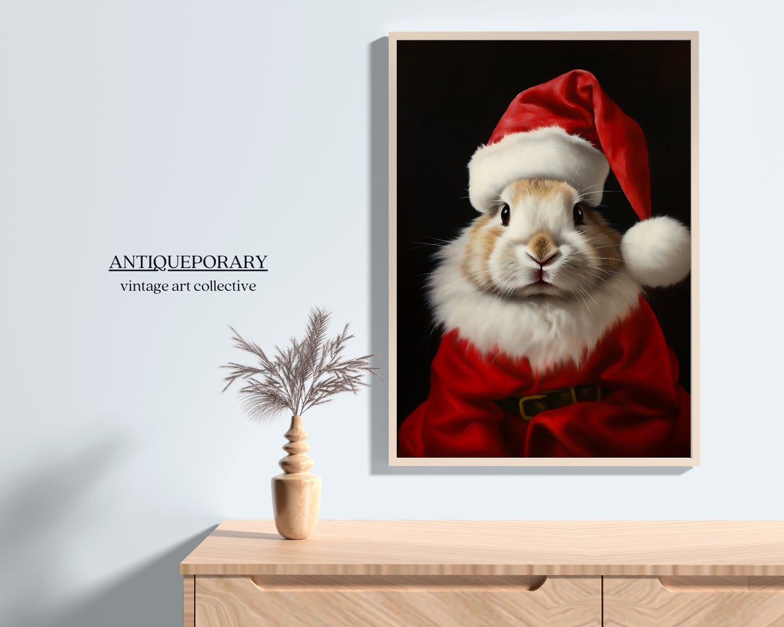 Bunny in Santa Suit and Hat Vintage Christmas Animal Portrait Poster - Image 4