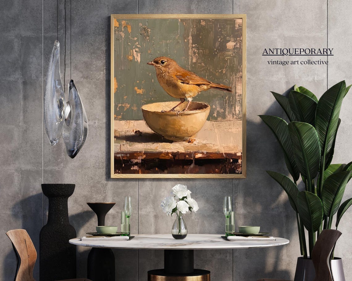 Small Brown Bird Perched on Bowl Rustic Vintage Bird Painting Poster - Image 5