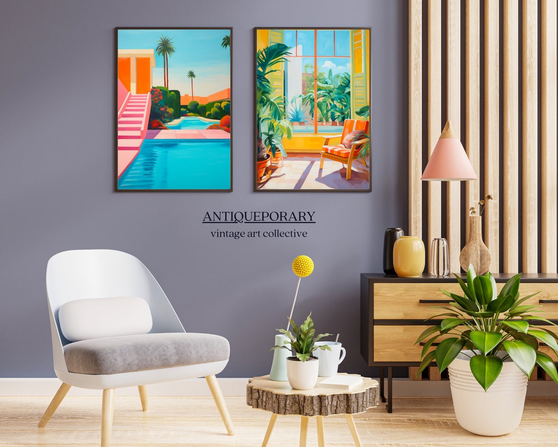 Tropical Pink Staircase Pool Palm Trees Retro Resort Painting Poster - Image 7