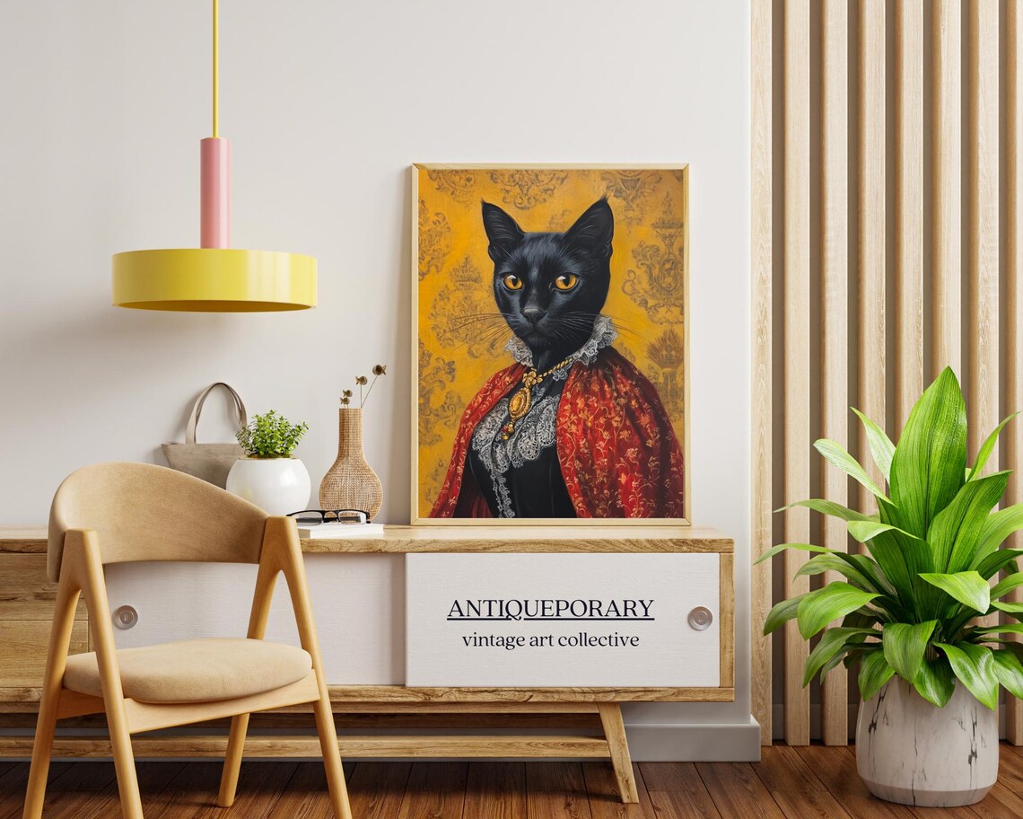Royal Black Cat Portrait Golden Eyes Red Brocade Shawl Poster - Image 7
